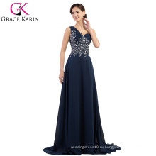 Грейс Карин шифон одно плечо тяжелых бисером длинные темно-синий вечернее платье CL4506-2